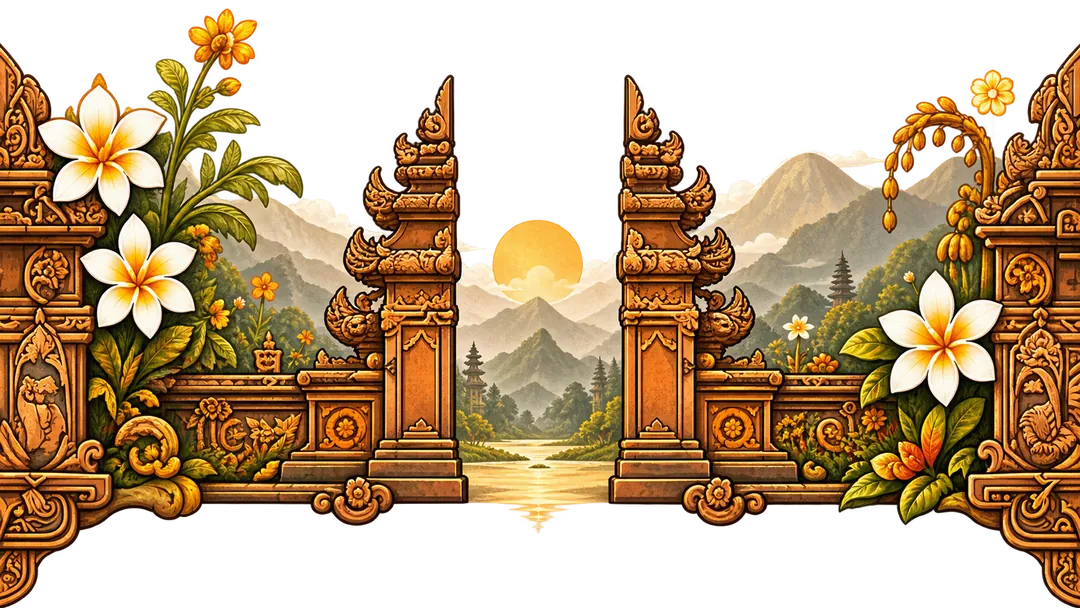 Gapura candi bentar emas dengan matahari terbit di antara pegunungan